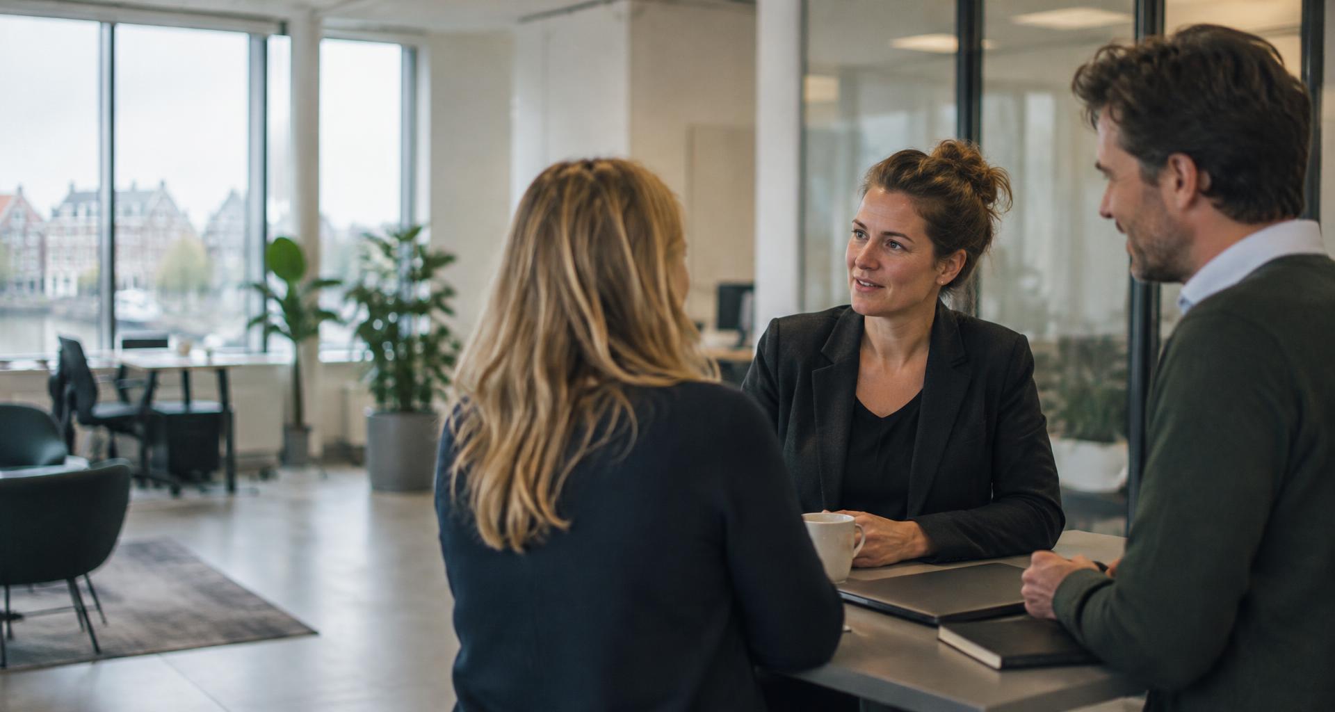Drie professionals in gesprek rond een tafel in een licht kantoor